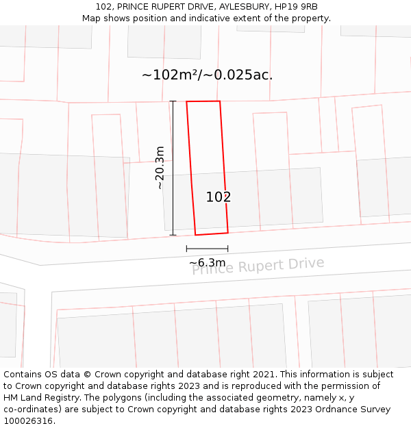 102, PRINCE RUPERT DRIVE, AYLESBURY, HP19 9RB: Plot and title map
