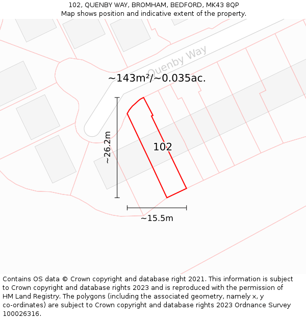 102, QUENBY WAY, BROMHAM, BEDFORD, MK43 8QP: Plot and title map