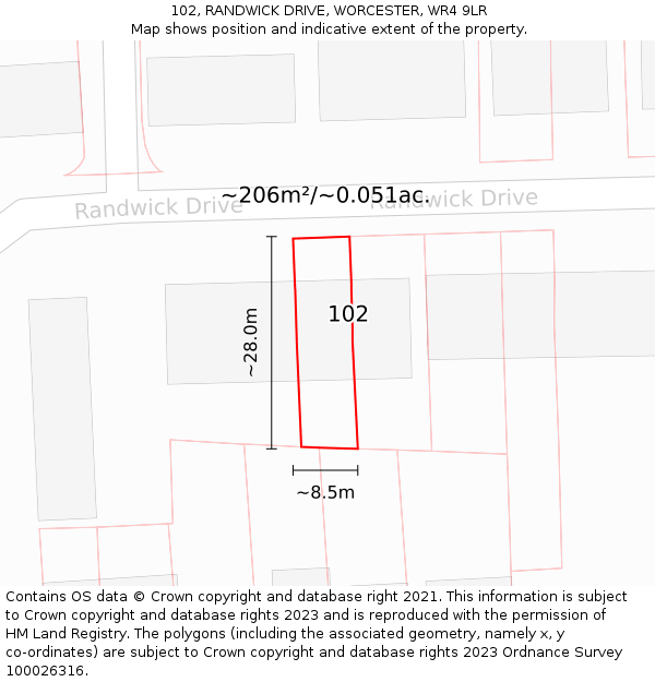 102, RANDWICK DRIVE, WORCESTER, WR4 9LR: Plot and title map