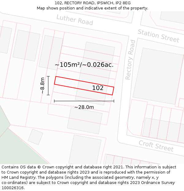 102, RECTORY ROAD, IPSWICH, IP2 8EG: Plot and title map