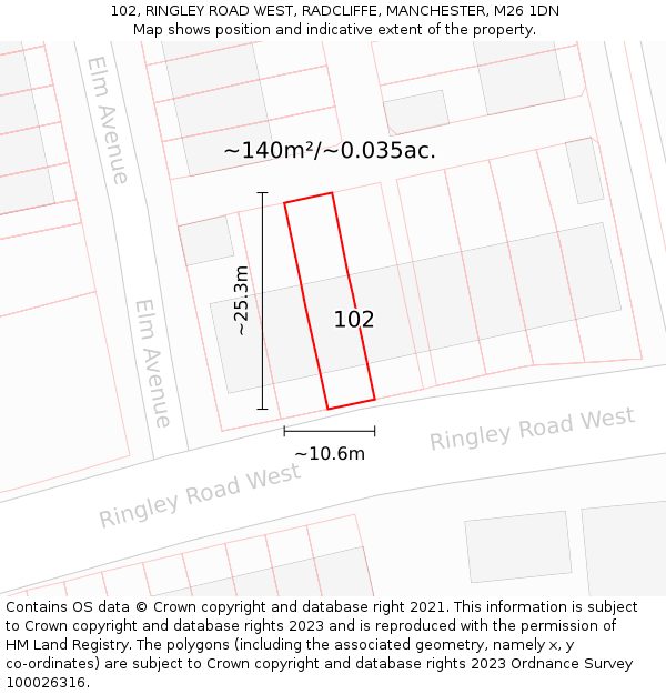 102, RINGLEY ROAD WEST, RADCLIFFE, MANCHESTER, M26 1DN: Plot and title map