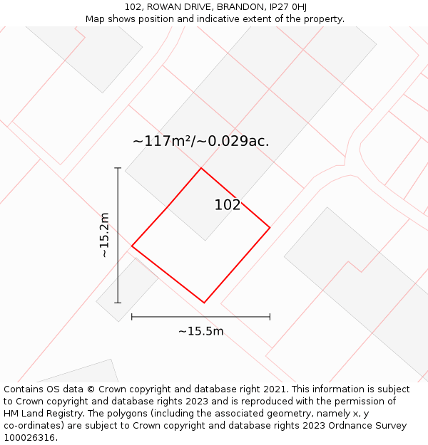102, ROWAN DRIVE, BRANDON, IP27 0HJ: Plot and title map