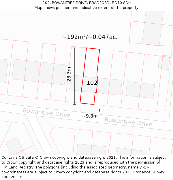 102, ROWANTREE DRIVE, BRADFORD, BD10 8DH: Plot and title map