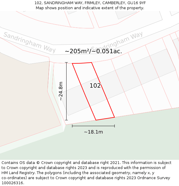 102, SANDRINGHAM WAY, FRIMLEY, CAMBERLEY, GU16 9YF: Plot and title map
