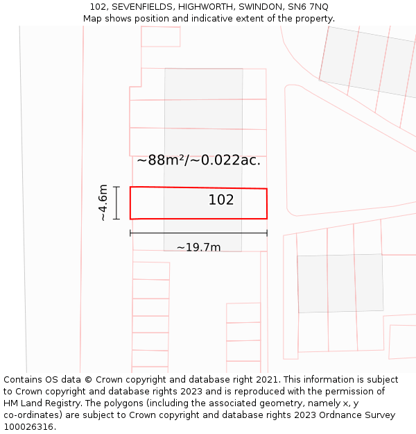 102, SEVENFIELDS, HIGHWORTH, SWINDON, SN6 7NQ: Plot and title map