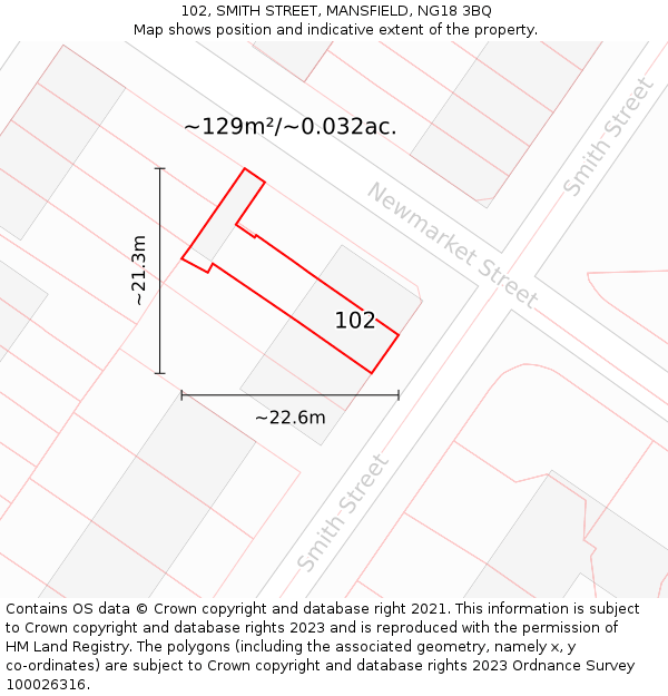 102, SMITH STREET, MANSFIELD, NG18 3BQ: Plot and title map
