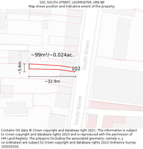 102, SOUTH STREET, LEOMINSTER, HR6 8JF: Plot and title map