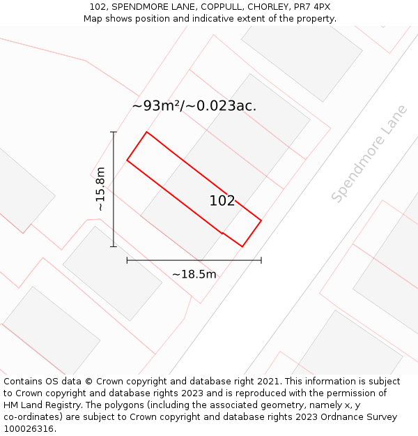 102, SPENDMORE LANE, COPPULL, CHORLEY, PR7 4PX: Plot and title map