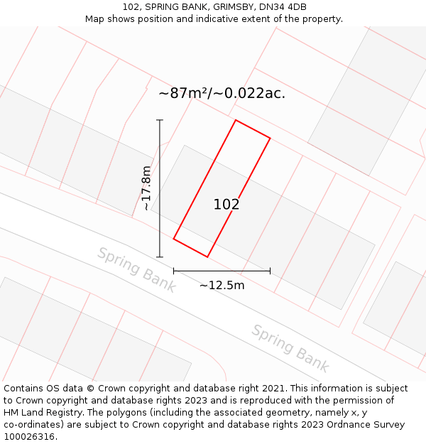 102, SPRING BANK, GRIMSBY, DN34 4DB: Plot and title map