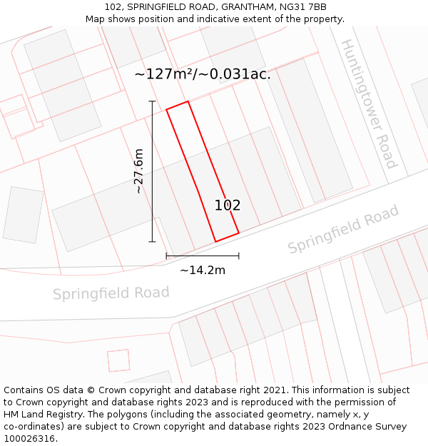 102, SPRINGFIELD ROAD, GRANTHAM, NG31 7BB: Plot and title map