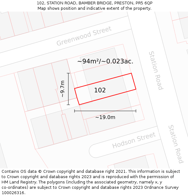 102, STATION ROAD, BAMBER BRIDGE, PRESTON, PR5 6QP: Plot and title map
