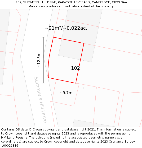 102, SUMMERS HILL DRIVE, PAPWORTH EVERARD, CAMBRIDGE, CB23 3AA: Plot and title map