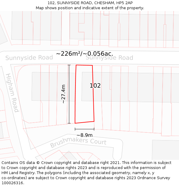 102, SUNNYSIDE ROAD, CHESHAM, HP5 2AP: Plot and title map