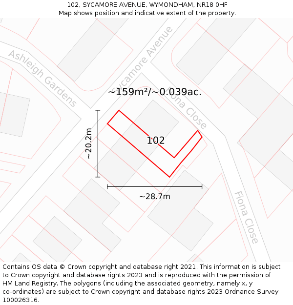 102, SYCAMORE AVENUE, WYMONDHAM, NR18 0HF: Plot and title map