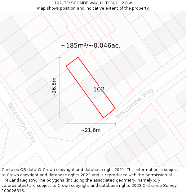 102, TELSCOMBE WAY, LUTON, LU2 8JW: Plot and title map