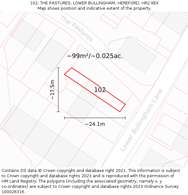 102, THE PASTURES, LOWER BULLINGHAM, HEREFORD, HR2 6EX: Plot and title map
