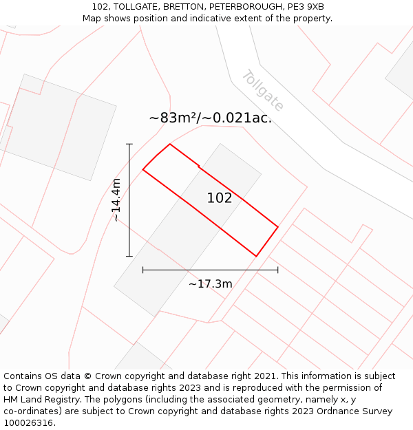 102, TOLLGATE, BRETTON, PETERBOROUGH, PE3 9XB: Plot and title map