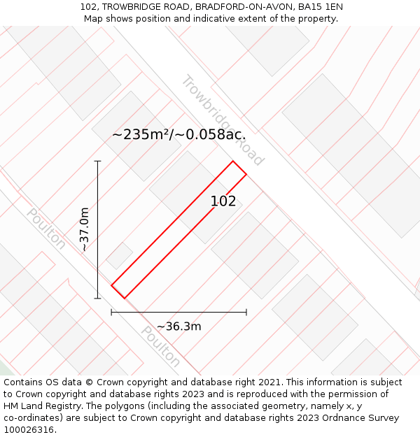 102, TROWBRIDGE ROAD, BRADFORD-ON-AVON, BA15 1EN: Plot and title map
