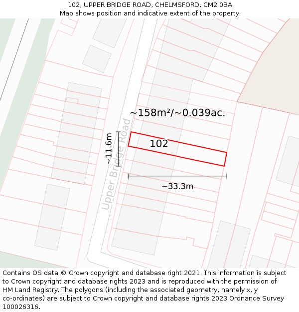 102, UPPER BRIDGE ROAD, CHELMSFORD, CM2 0BA: Plot and title map