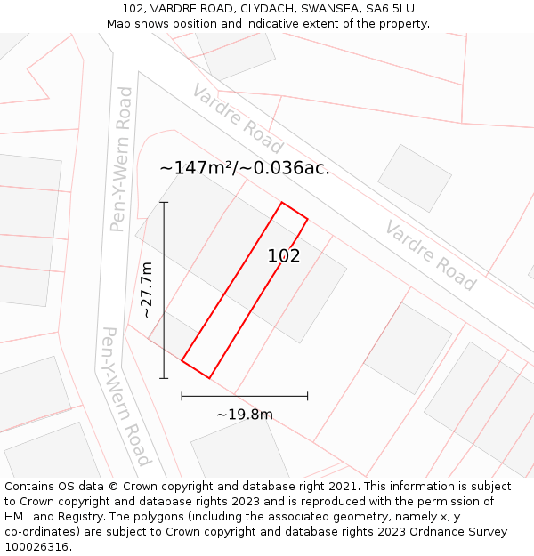 102, VARDRE ROAD, CLYDACH, SWANSEA, SA6 5LU: Plot and title map
