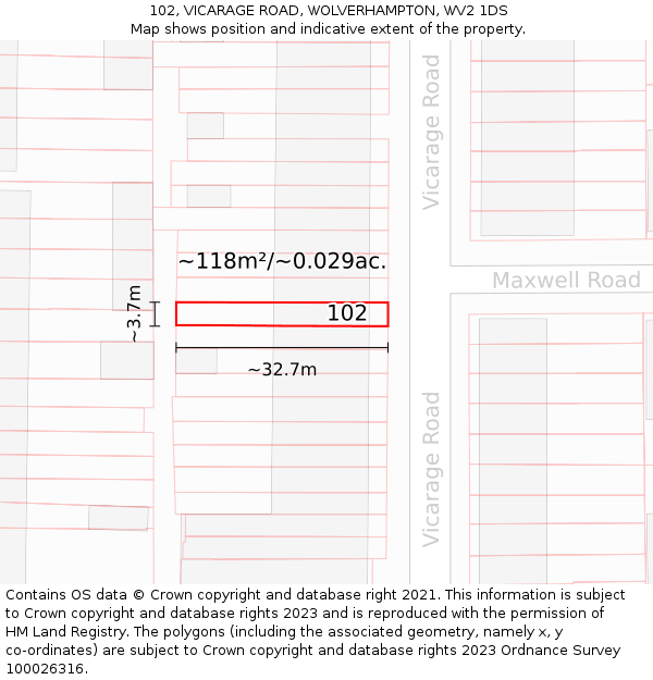 102, VICARAGE ROAD, WOLVERHAMPTON, WV2 1DS: Plot and title map
