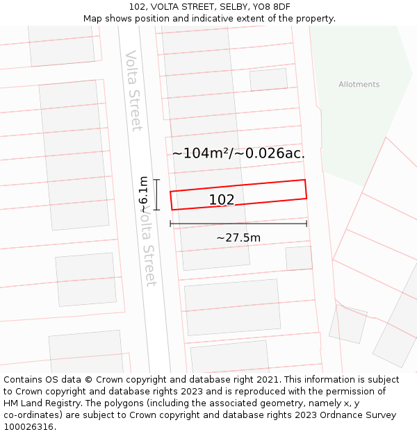 102, VOLTA STREET, SELBY, YO8 8DF: Plot and title map