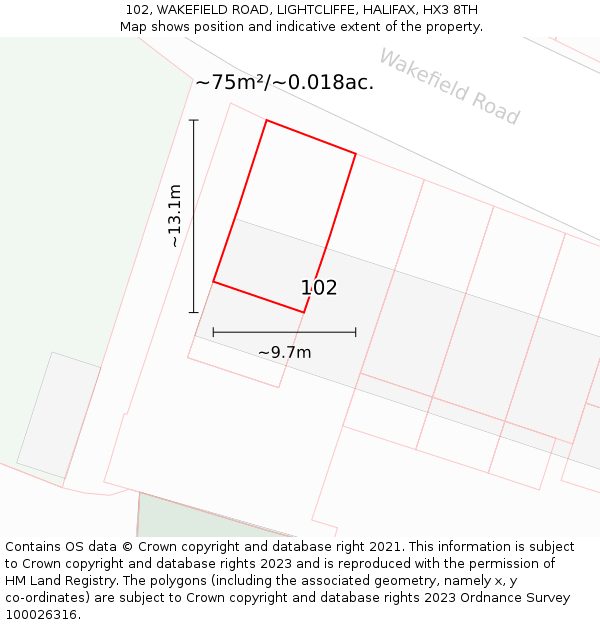 102, WAKEFIELD ROAD, LIGHTCLIFFE, HALIFAX, HX3 8TH: Plot and title map