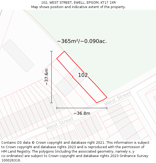102, WEST STREET, EWELL, EPSOM, KT17 1XR: Plot and title map