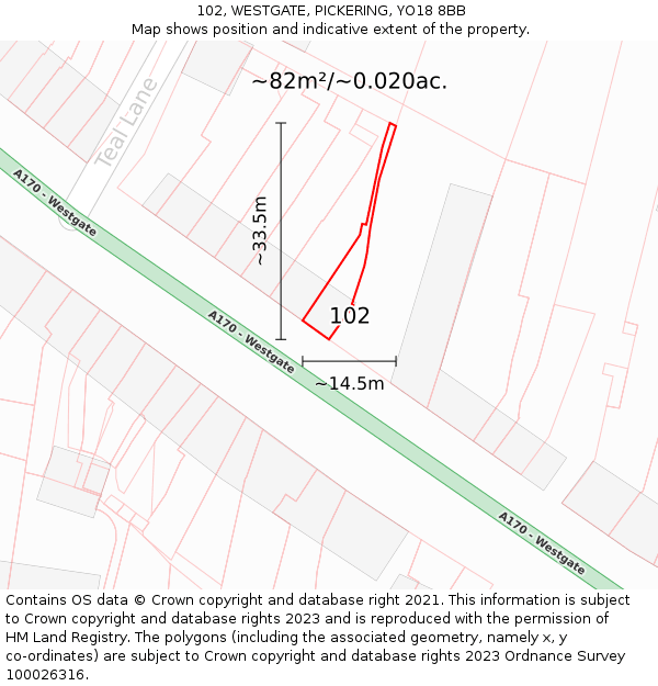 102, WESTGATE, PICKERING, YO18 8BB: Plot and title map