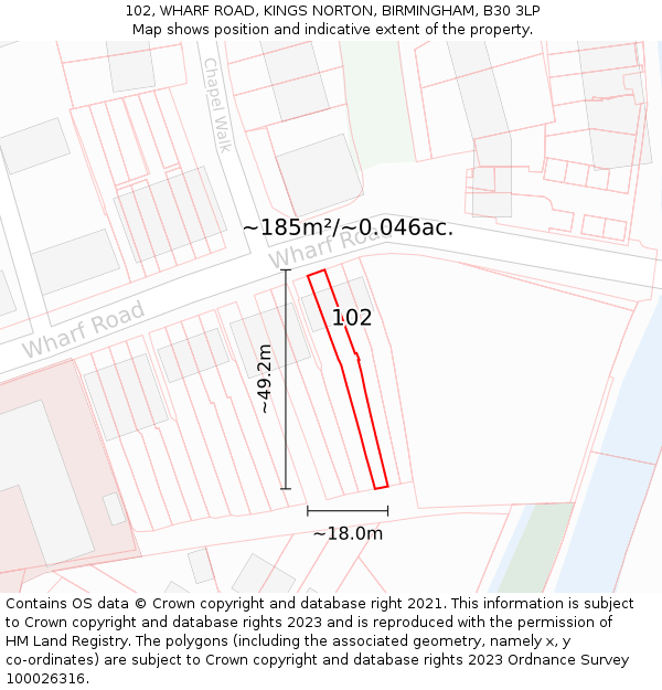 102, WHARF ROAD, KINGS NORTON, BIRMINGHAM, B30 3LP: Plot and title map