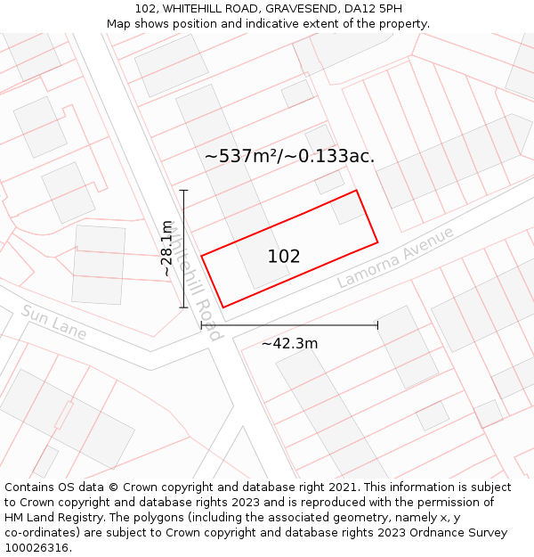 102, WHITEHILL ROAD, GRAVESEND, DA12 5PH: Plot and title map