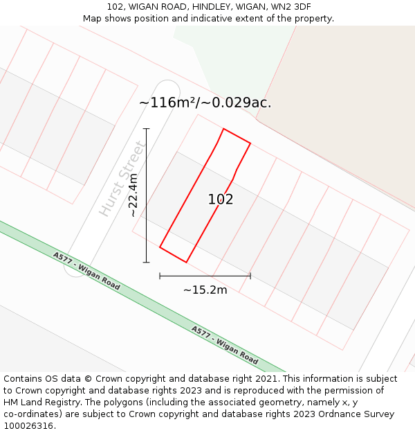 102, WIGAN ROAD, HINDLEY, WIGAN, WN2 3DF: Plot and title map