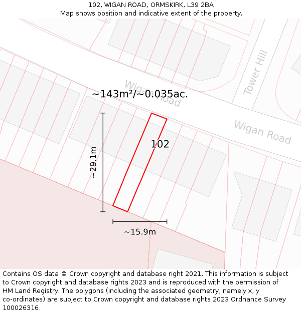 102, WIGAN ROAD, ORMSKIRK, L39 2BA: Plot and title map
