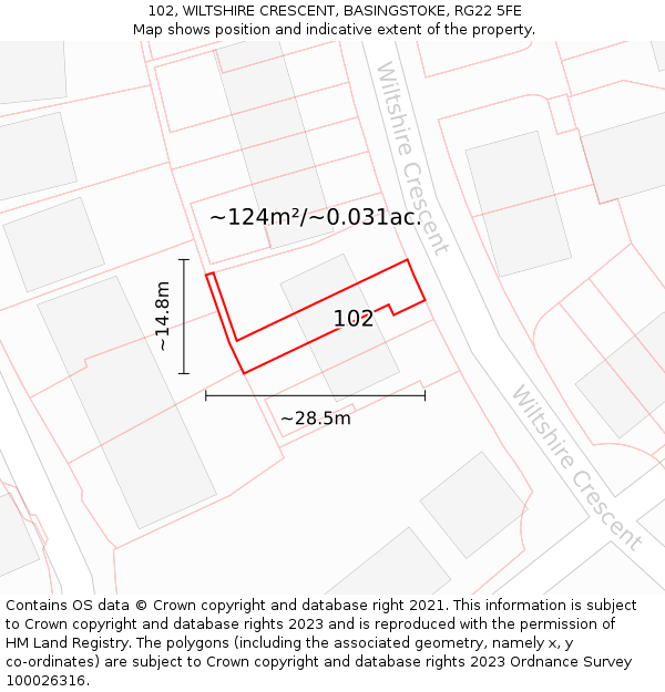 102, WILTSHIRE CRESCENT, BASINGSTOKE, RG22 5FE: Plot and title map