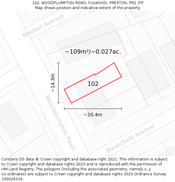 102, WOODPLUMPTON ROAD, FULWOOD, PRESTON, PR2 3TF: Plot and title map
