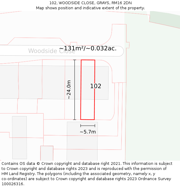 102, WOODSIDE CLOSE, GRAYS, RM16 2DN: Plot and title map