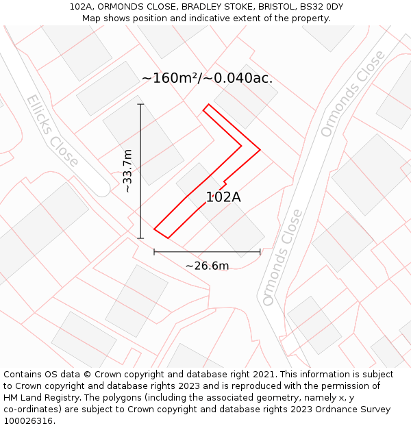 102A, ORMONDS CLOSE, BRADLEY STOKE, BRISTOL, BS32 0DY: Plot and title map