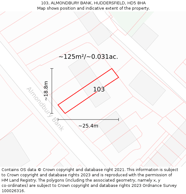 103, ALMONDBURY BANK, HUDDERSFIELD, HD5 8HA: Plot and title map