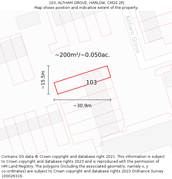 103, ALTHAM GROVE, HARLOW, CM20 2PJ: Plot and title map