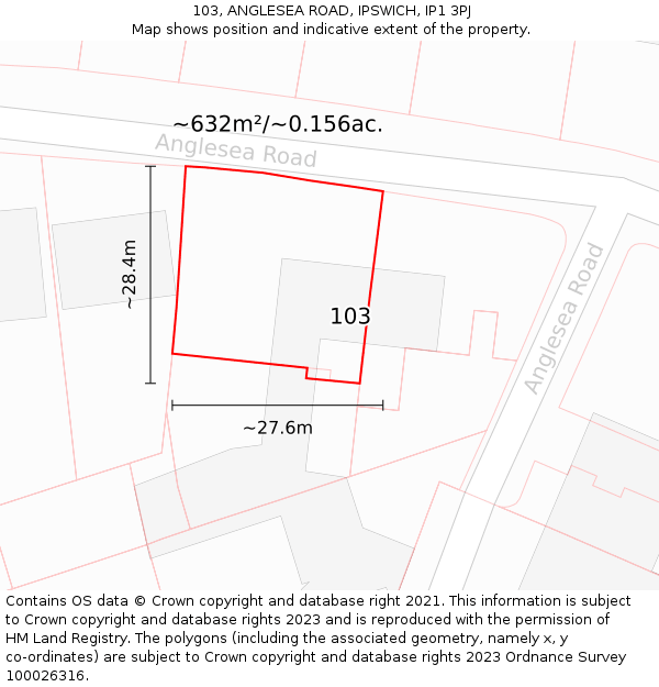 103, ANGLESEA ROAD, IPSWICH, IP1 3PJ: Plot and title map