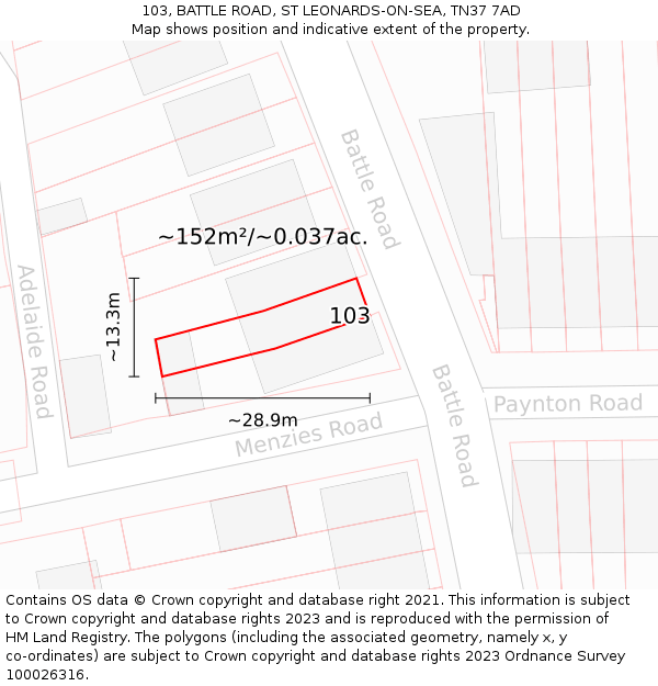 103, BATTLE ROAD, ST LEONARDS-ON-SEA, TN37 7AD: Plot and title map