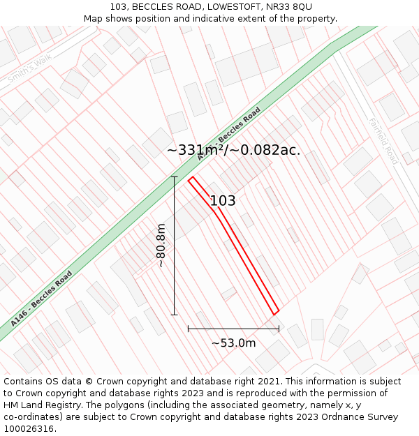 103, BECCLES ROAD, LOWESTOFT, NR33 8QU: Plot and title map