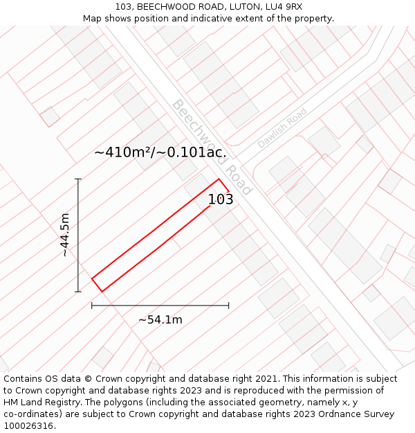 103, BEECHWOOD ROAD, LUTON, LU4 9RX: Plot and title map