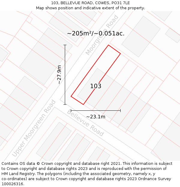 103, BELLEVUE ROAD, COWES, PO31 7LE: Plot and title map