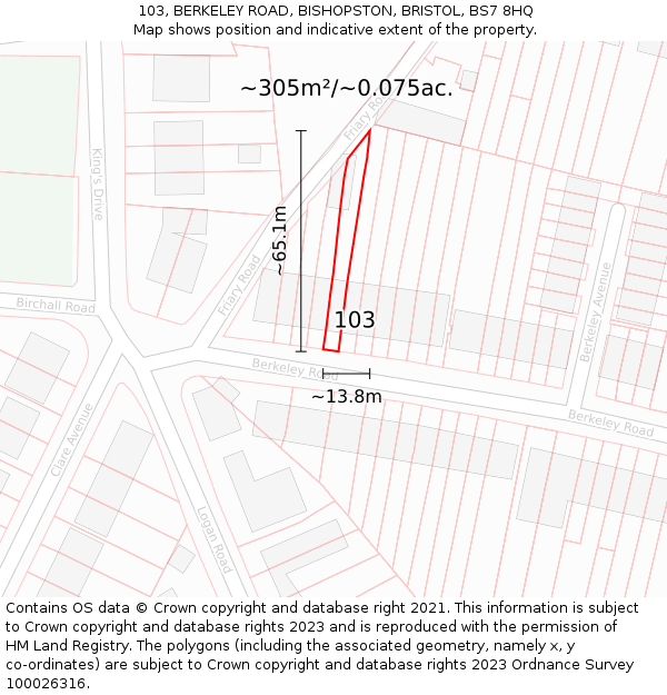 103, BERKELEY ROAD, BISHOPSTON, BRISTOL, BS7 8HQ: Plot and title map