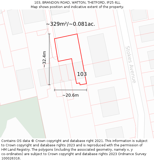 103, BRANDON ROAD, WATTON, THETFORD, IP25 6LL: Plot and title map