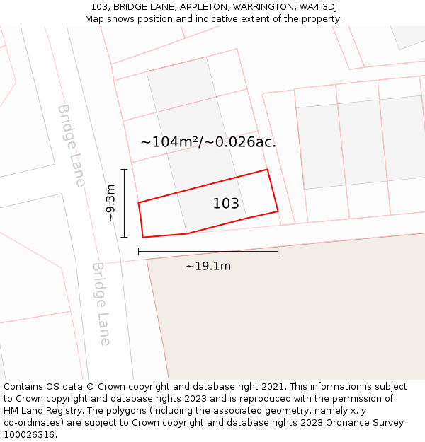 103, BRIDGE LANE, APPLETON, WARRINGTON, WA4 3DJ: Plot and title map