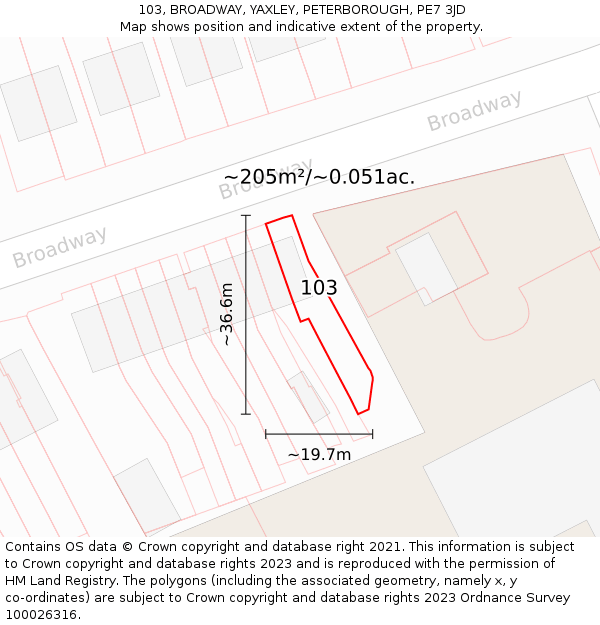 103, BROADWAY, YAXLEY, PETERBOROUGH, PE7 3JD: Plot and title map