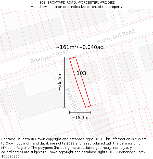 103, BROMYARD ROAD, WORCESTER, WR2 5BZ: Plot and title map