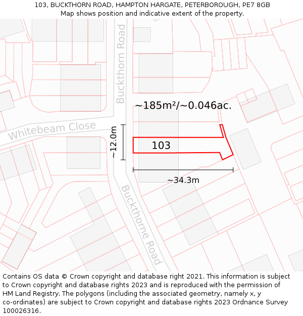 103, BUCKTHORN ROAD, HAMPTON HARGATE, PETERBOROUGH, PE7 8GB: Plot and title map